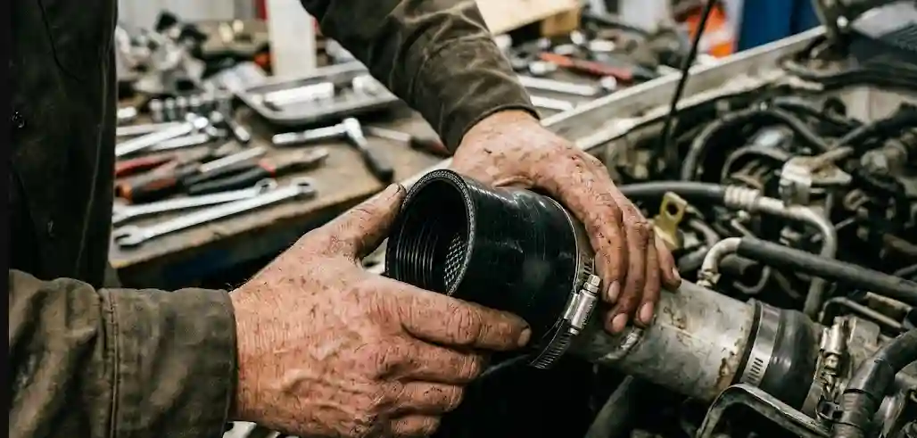 worn mechanic hands checking turbo coupler in Brooklyn shop