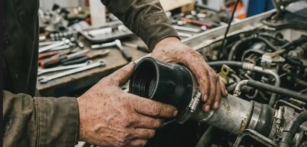 Vincent Hale inspecting turbo system for real-world drivability worn mechanic hands checking turbo coupler in Brooklyn shop