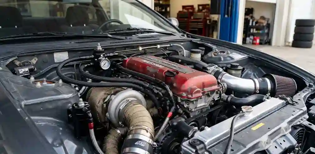 engine bay with aftermarket turbo and upgraded fuel system components installed