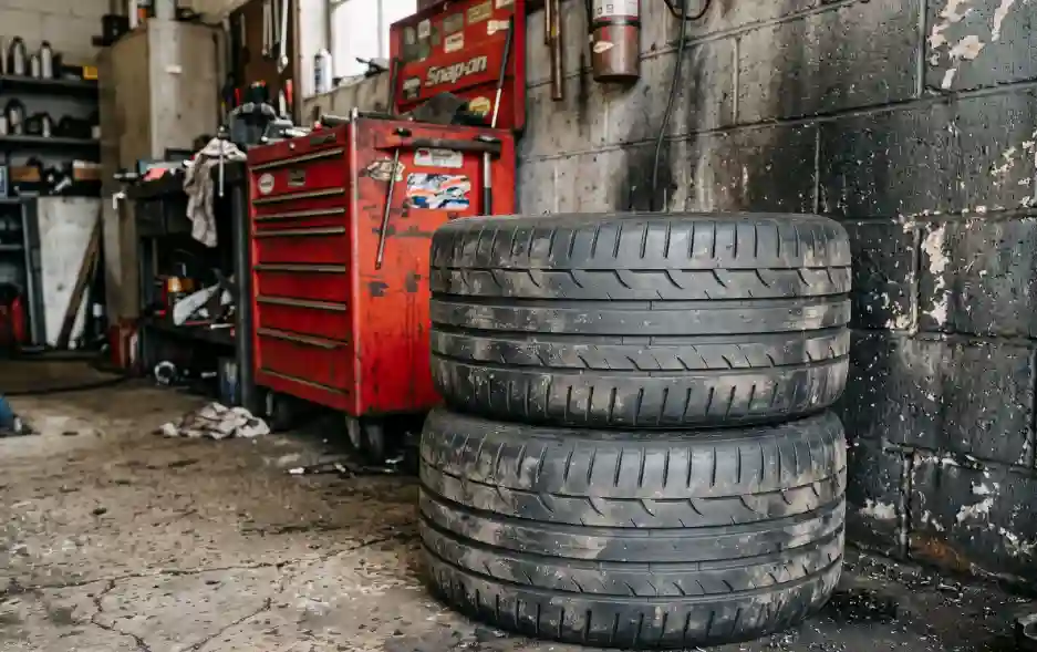 set of performance summer tires mounted on stock wheels in a Brooklyn garage