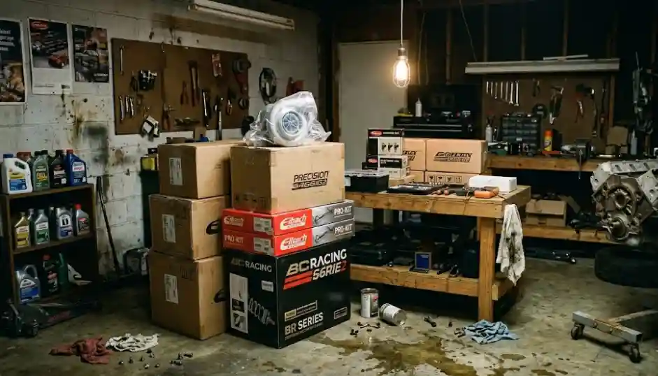 disorganized stack of aftermarket car parts in boxes on a garage floor