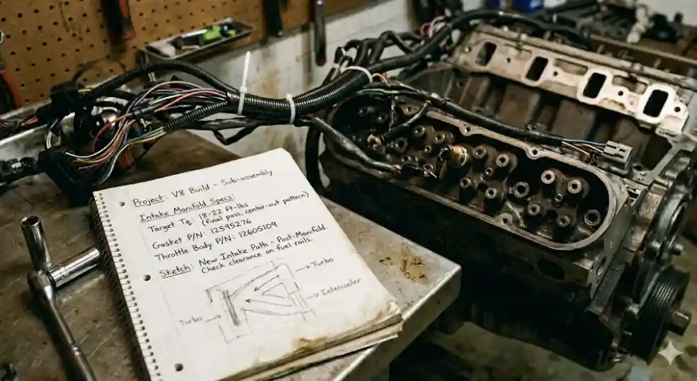  mechanic reviewing handwritten build notes next to a partially disassembled street car engine