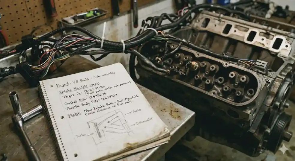 Planning a systematic performance build with notes and engine inspection mechanic reviewing handwritten build notes next to a partially disassembled street car engine