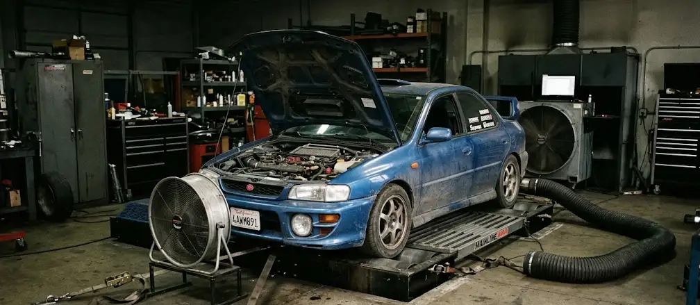 car on a chassis dyno with hood open and exhaust extraction hose connected