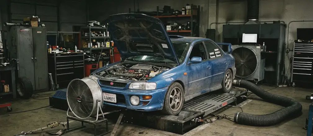 Street car undergoing a dyno tune in a controlled environment car on a chassis dyno with hood open and exhaust extraction hose connected
