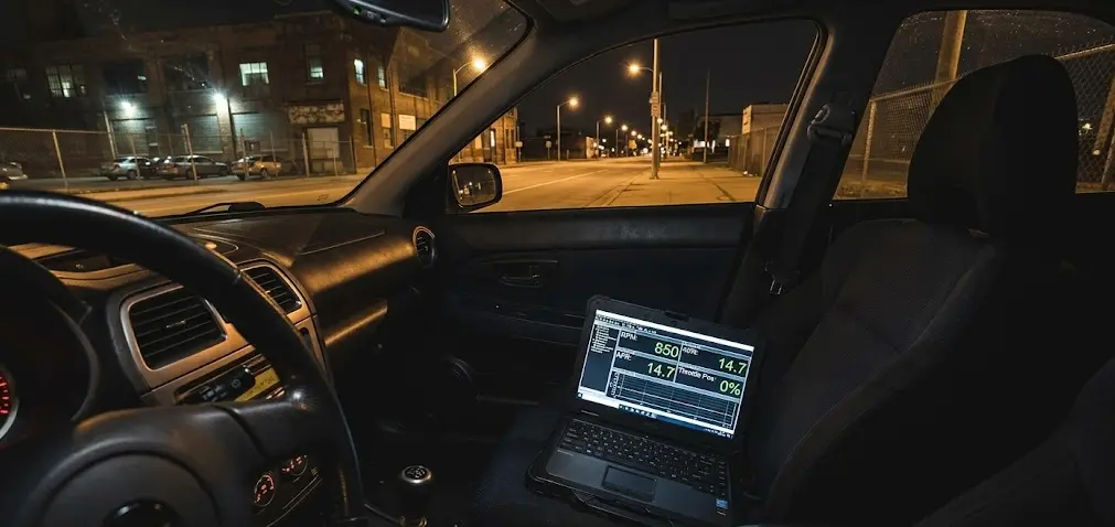 laptop running ECU tuning software on passenger seat during a street logging session