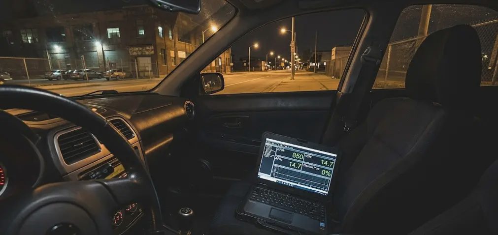 Street tuning data log session on a laptop inside a real car on the road laptop running ECU tuning software on passenger seat during a street logging session