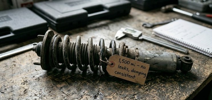 Coilover shock after 1,500-mile street test with inspection tag worn coilover with handwritten mileage tag and inspection notes on a garage bench