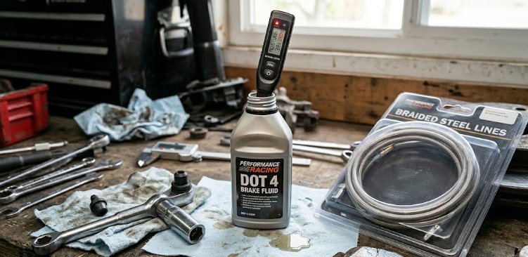 Brake fluid flush and stainless braided lines ready for installation open bottle of DOT 4 brake fluid next to a brake fluid tester and a set of braided stainless lines on a garage bench
