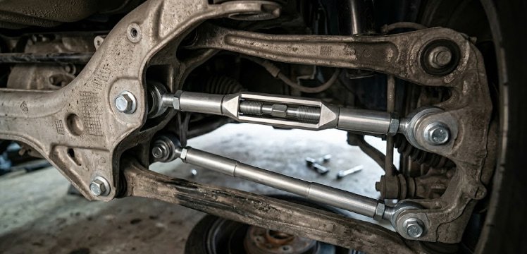 Aftermarket camber arm and toe link restoring suspension geometry adjustable rear camber arm and toe link installed on a street performance car with corrected geometry