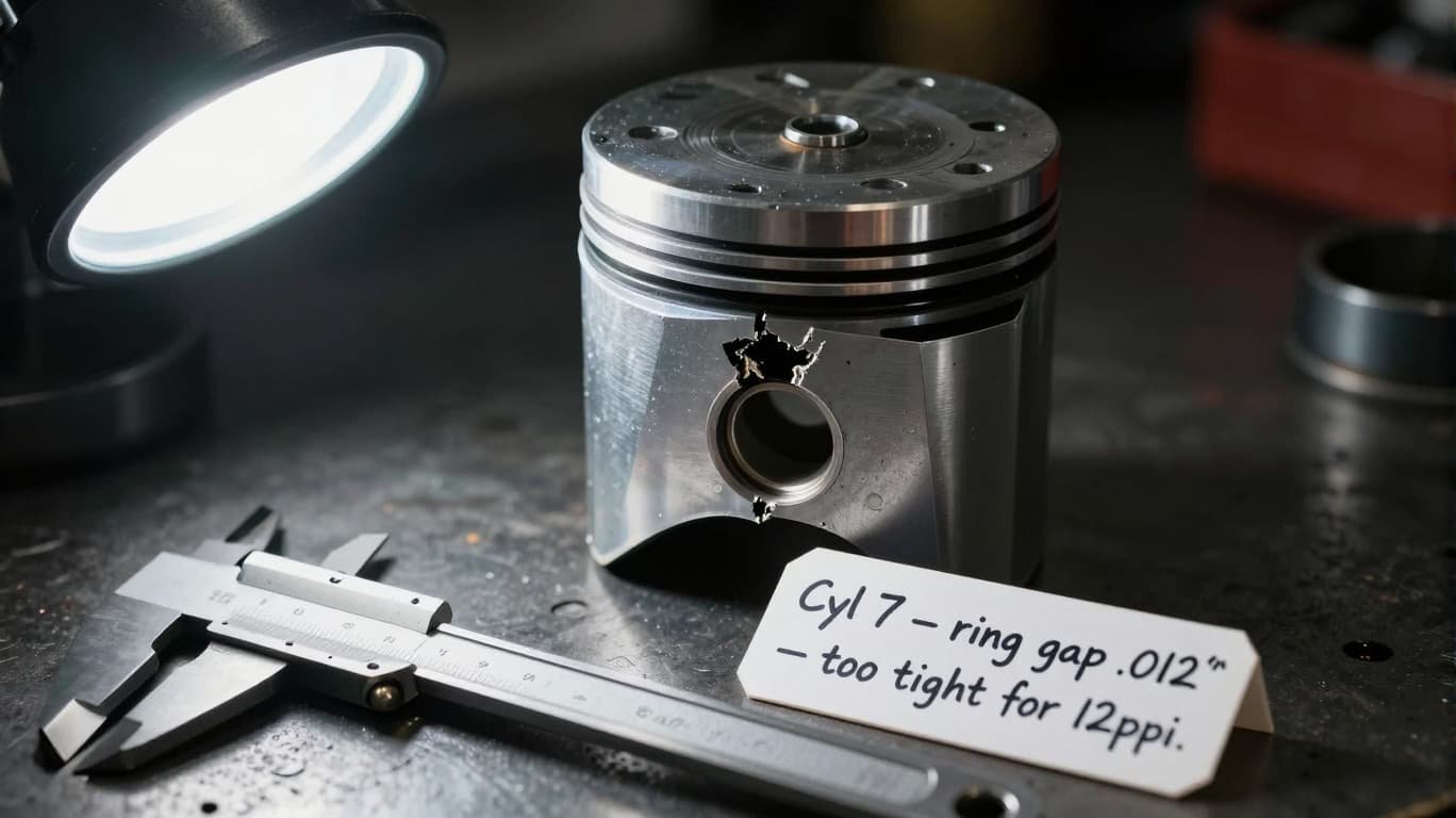 Cracked piston from ring gap failure with diagnostic notes cracked piston removed from a rebuilt engine showing ring land damage and measurement notes