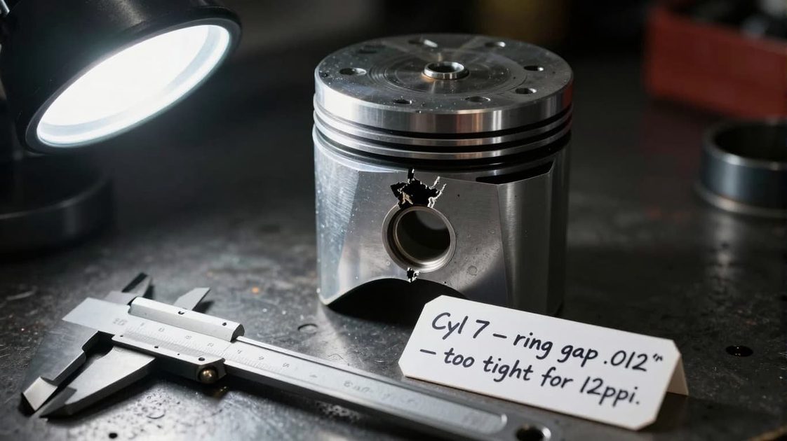 Cracked piston from ring gap failure with diagnostic notes cracked piston removed from a rebuilt engine showing ring land damage and measurement notes