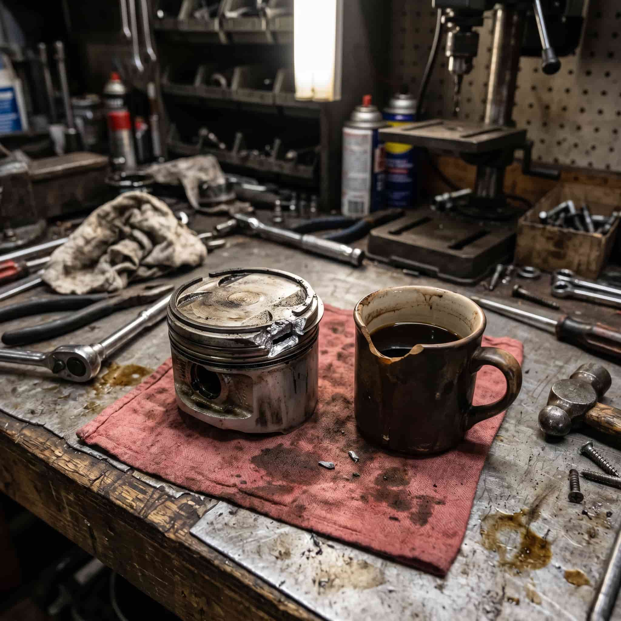 fractured engine piston on a workbench next to a half-empty coffee mug