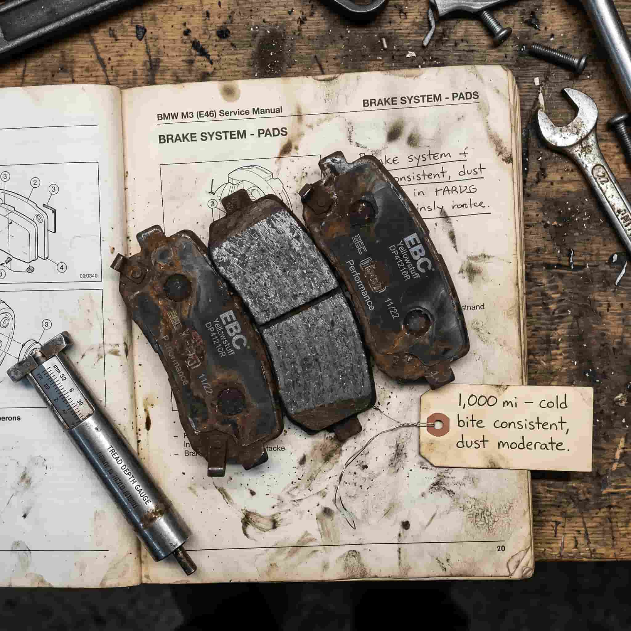Brake pads after 1,000-mile street test showing consistent wear pattern used performance brake pads showing even wear after 1,000 miles of street testing