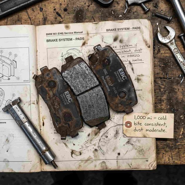 used performance brake pads showing even wear after 1,000 miles of street testing