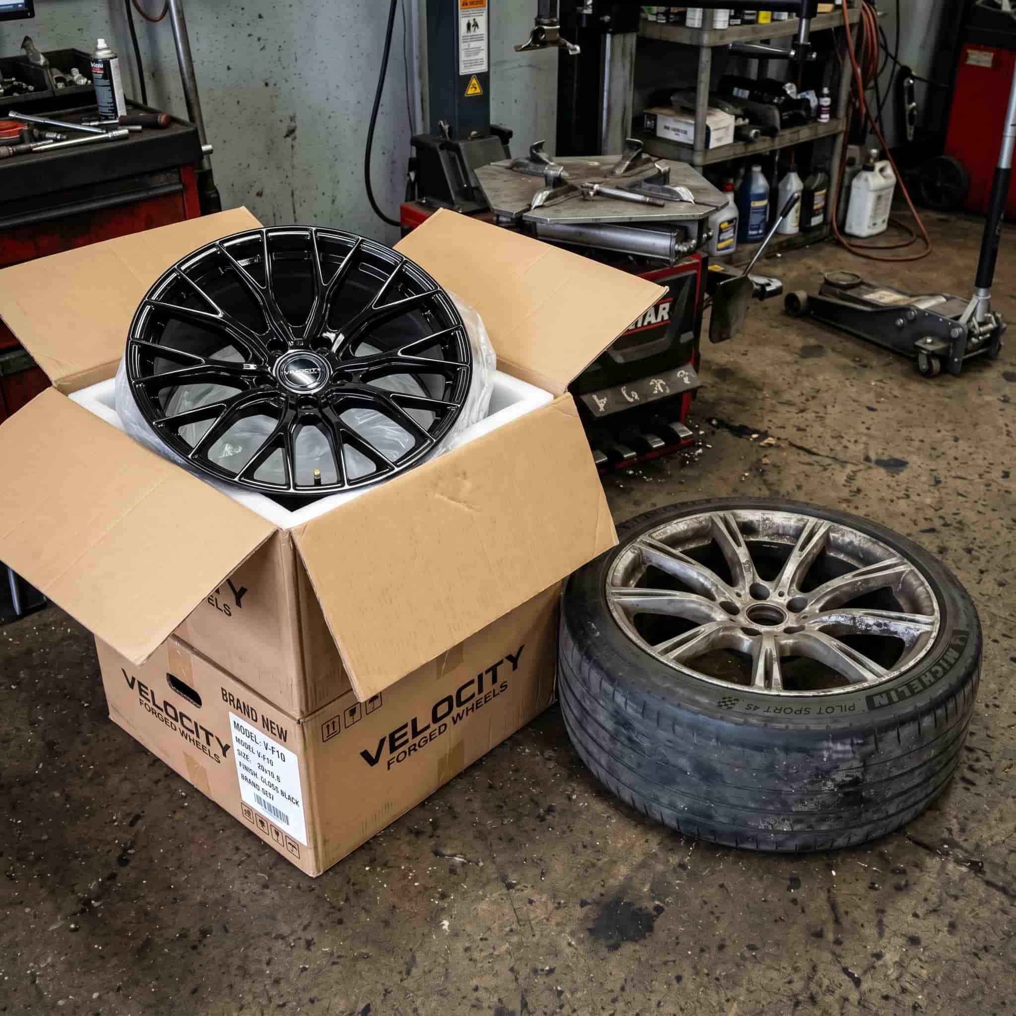  a set of expensive aftermarket wheels still in boxes next to a worn-out factory tire with low tread