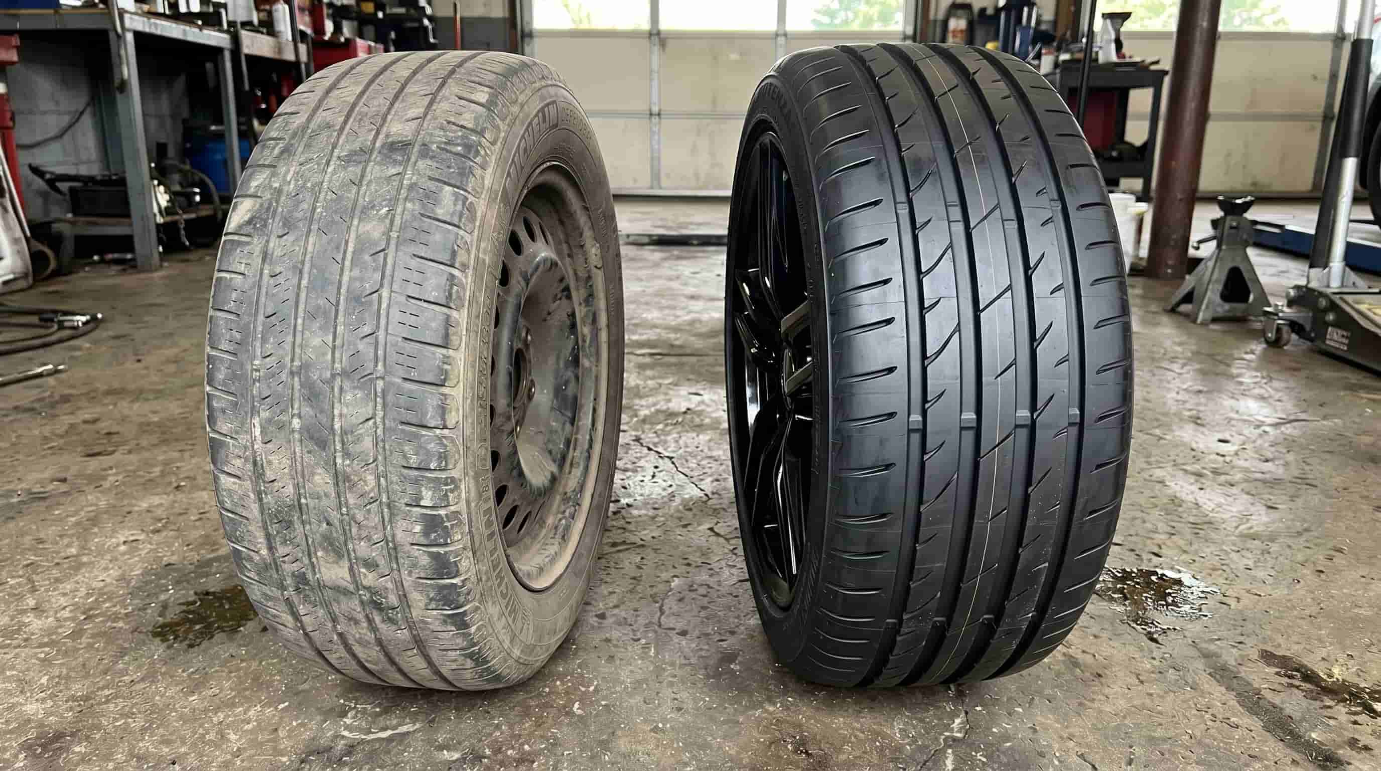 Worn all-season tire next to a performance summer tire replacement comparison of a worn all-season tire and a new performance summer tire on a garage floor