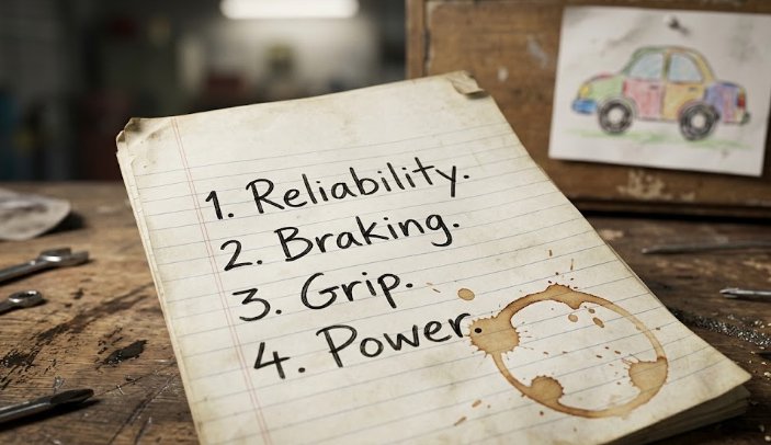 Build priority list after becoming a father open notebook with handwritten build priority list showing reliability and braking first