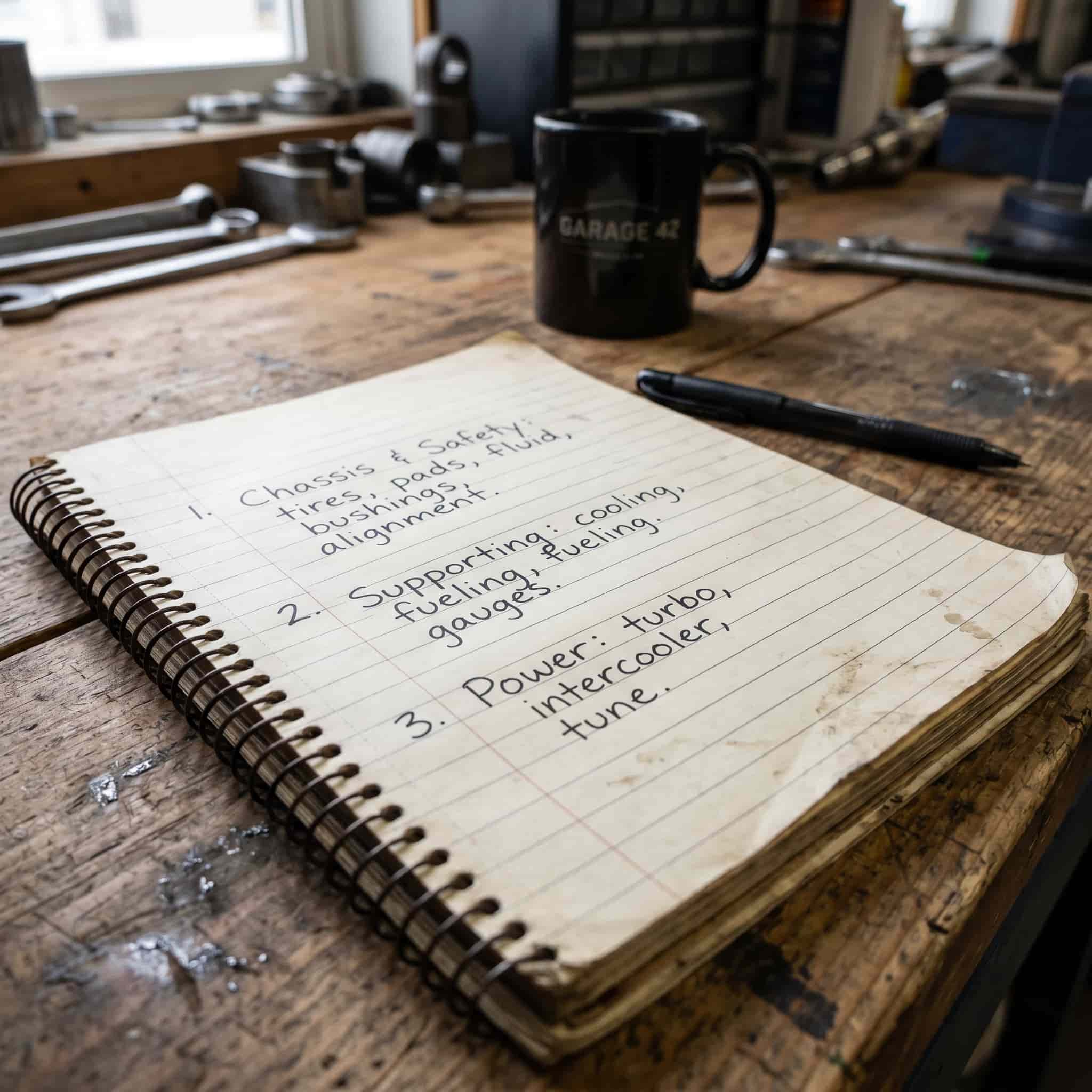 handwritten note with a three-part build budget dividing chassis, supporting mods, and power