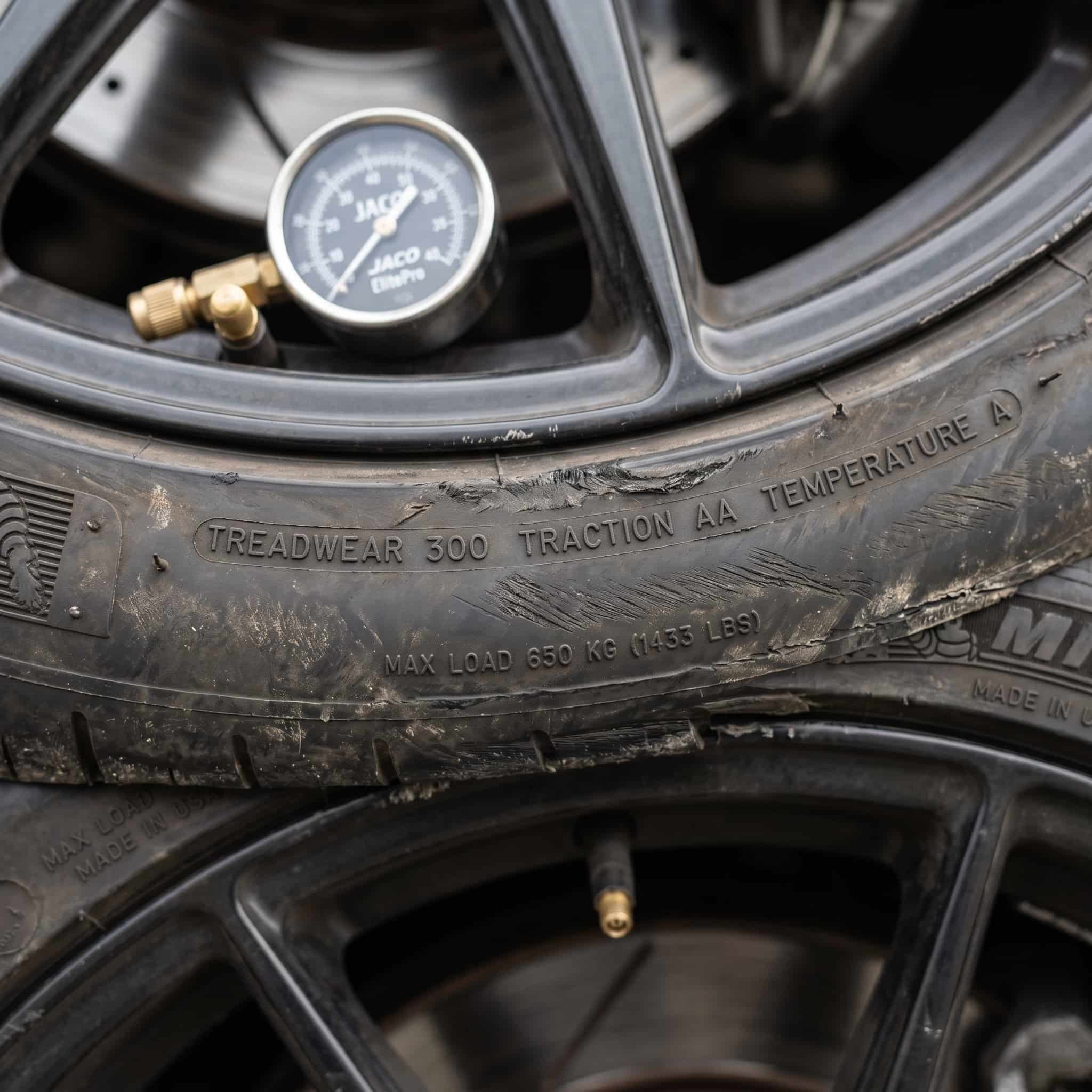 Performance tire sidewall with 300 treadwear rating ideal for street use close-up of a performance tire sidewall showing treadwear rating and speed rating markings
