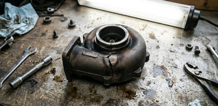 Damaged turbo turbine housing from high backpressure and excessive boost cracked exhaust turbine housing removed from a street turbo running excessive boost