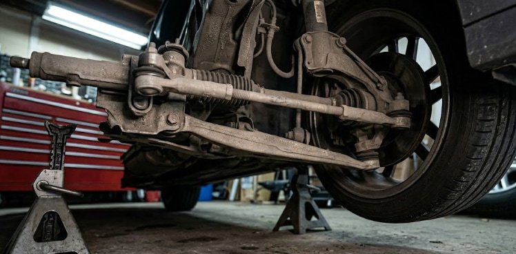 Incorrect control arm angle on an excessively lowered street car front suspension of a lowered car showing extreme control arm angle with the tie rod at an upward incline