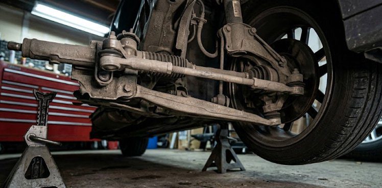Incorrect control arm angle on an excessively lowered street car front suspension of a lowered car showing extreme control arm angle with the tie rod at an upward incline