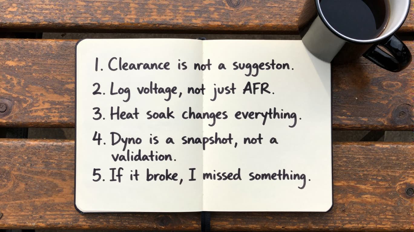 Lessons learned from broken engines written in a shop notebook a notebook page with handwritten mechanical rules learned from engine failures