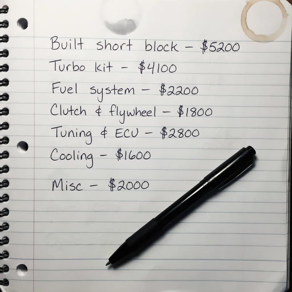 A handwritten car engine modification cost breakdown on a lined spiral notebook, listing prices for a built short block, turbo kit, fuel system, clutch and flywheel, tuning and ECU, cooling, and miscellaneous expenses.
