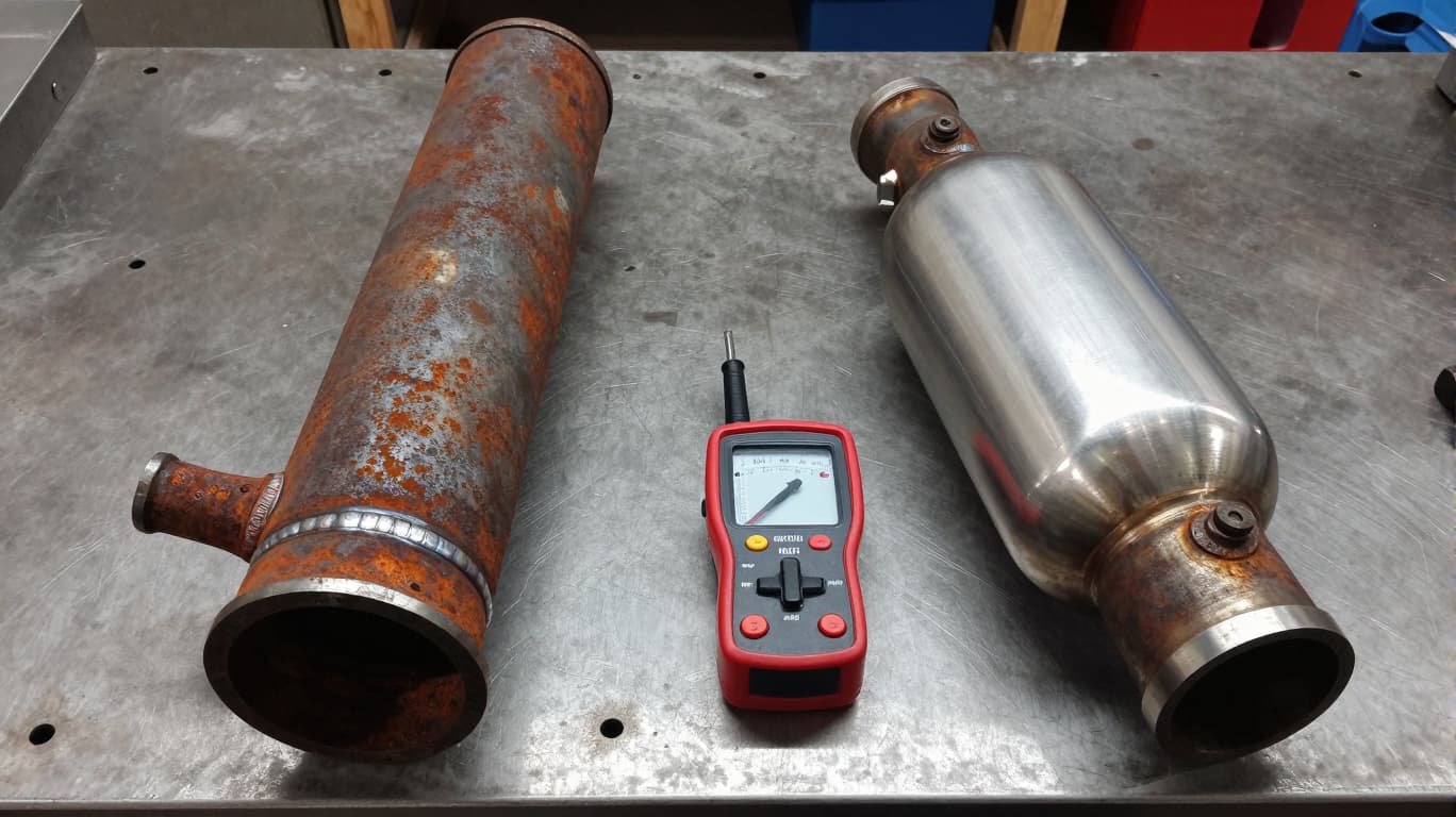 comparison of a rusted straight pipe and a quality muffler on a workbench with a decibel meter reading
