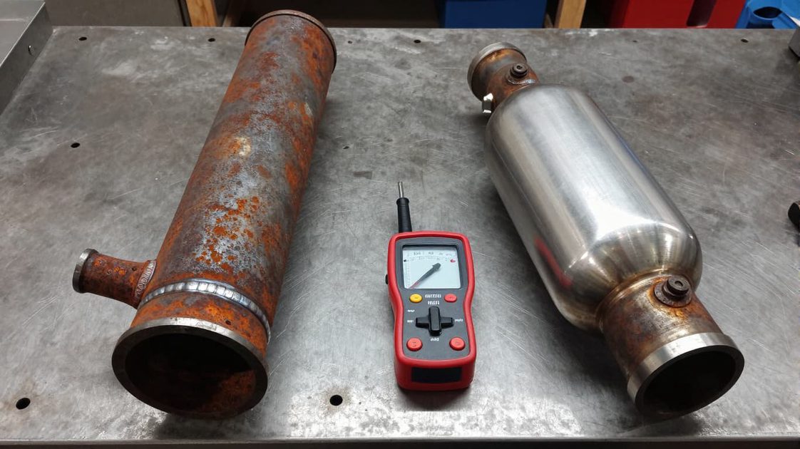 comparison of a rusted straight pipe and a quality muffler on a workbench with a decibel meter reading