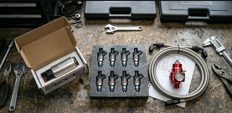 Complete fuel system upgrade parts before installation on a boosted street car upgraded fuel pump, injectors, and adjustable fuel pressure regulator laid out on a garage bench before installation