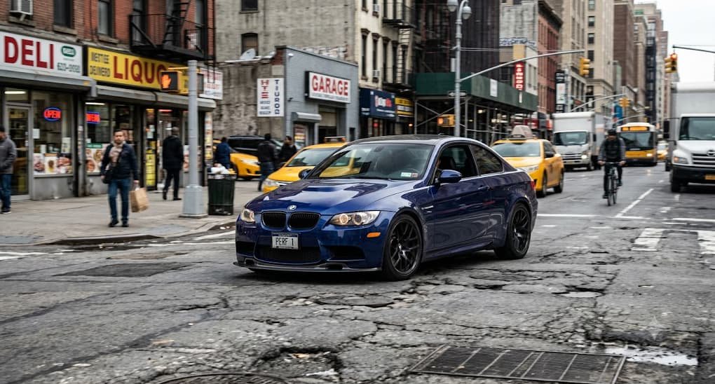 Performance spring and damper combo absorbing rough urban road conditions street performance car with moderate suspension drop driving through uneven city pavement with composure