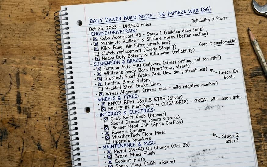 notebook page listing road-specific build notes for a daily driver street car
