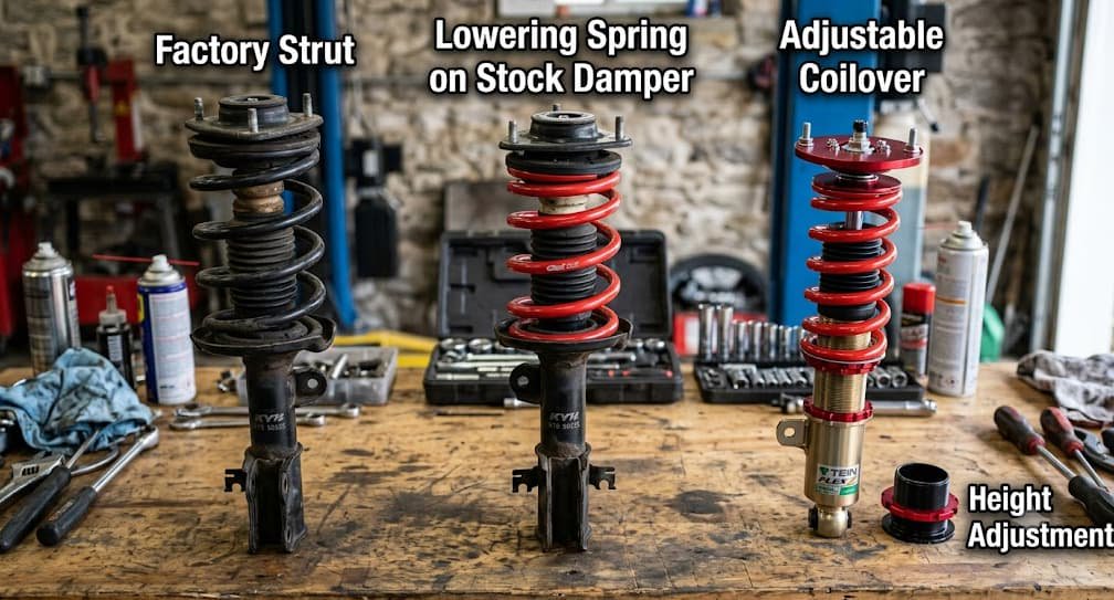 comparison of factory strut, lowering spring on stock damper, and adjustable coilover on a workbench comparison of factory strut, lowering spring on stock damper, and adjustable coilover on a workbench
