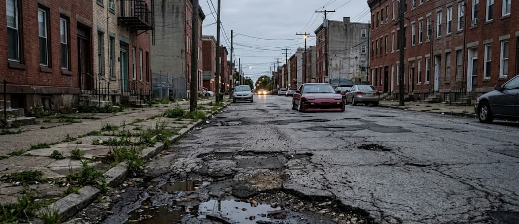 a cracked and pothole-ridden urban street with a lowered car in the distance